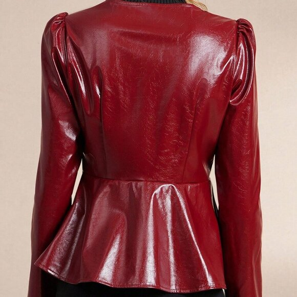 BURGUNDY FAUX LEATHER ZIP UP PUFF SLEEVE FLARED RUFFLED HEM JACKET - Picture 2 of 7